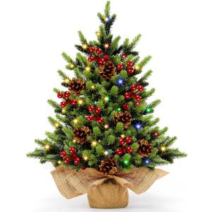 [ 12 Modes & Timer] Christmas Artificial Tree LED Warm Lights Battery Operated Red Berries Pine Cone Burlap Base Indoor Home Christmas Decorations