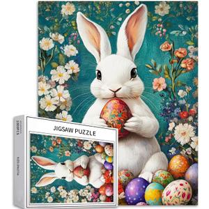 Sumllee 1000 Piece White Easter Bunny Jigsaw Puzzle for Adults, Easter Eggs Puzzle, Challenging Family Activity Game, Colorful DIY Handwork Craft, Home Decor Gift, 27x20 Inches
