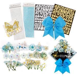GraduatePro 41 Peices Graduation Cap Decoration Kit DIY Craft, Assorted Flowers Adhesive Glitter Alphabet Letter Numbers Stickers, Gold and Silver Butterfly, Shiny Rhinestones Grad Hat Topper Blue