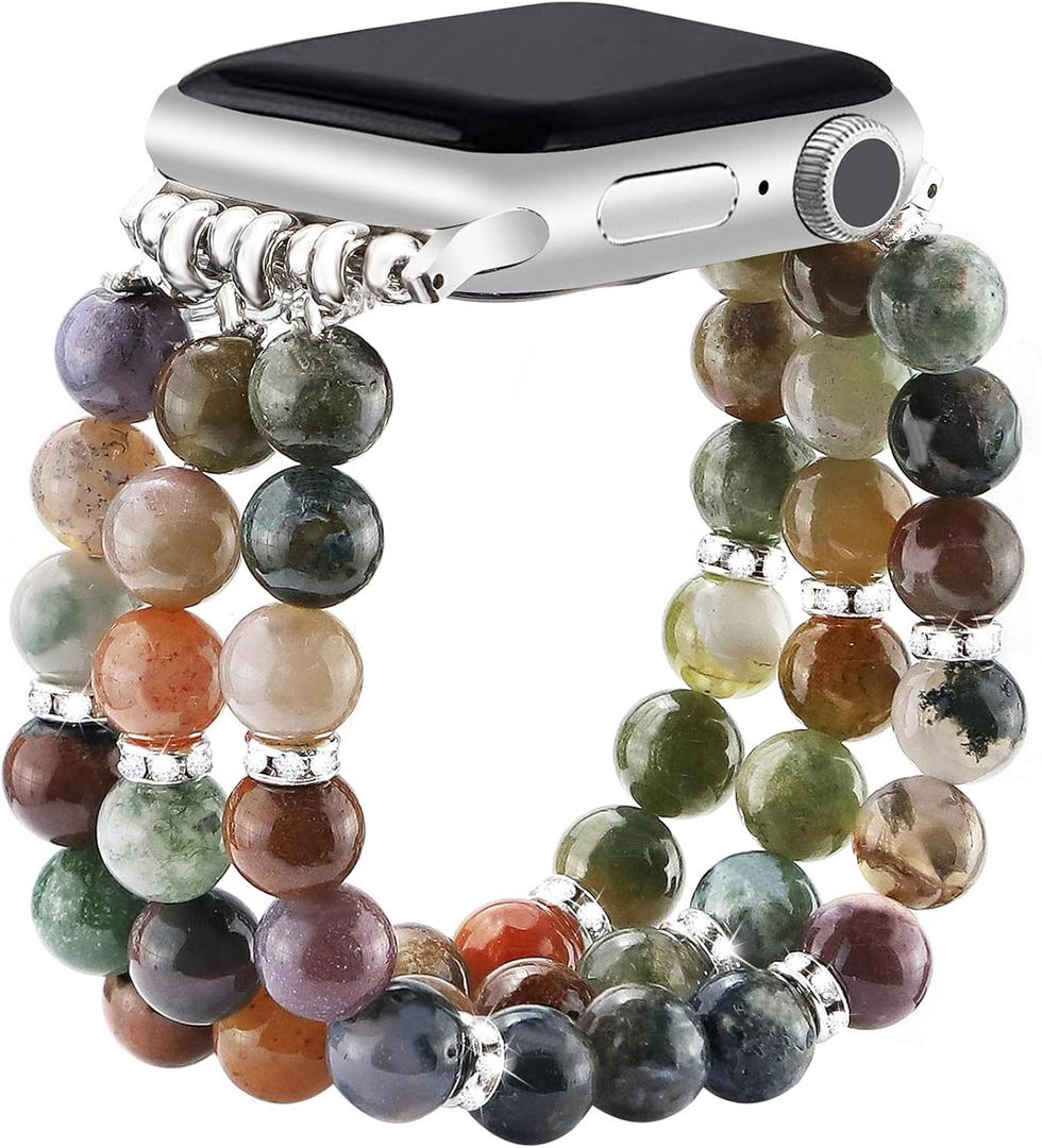 JR.DM Natural Stone Beaded-Bands Compatible with Apple Watch Series 10 9 8 7 6 5 4 3 2 1, Fashion Stretchy Handmade Bracelet Feminine Fancy Boho Elastic Strap for iWatch 38/40/41/42mm Women Gift (Indian Agate)