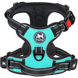 PoyPet No Pull Dog Harness, No Choke Front Clip Dog Reflective Harness, Adjustable Soft Padded Pet Vest with Easy Control Handle for Small to Large Dogs(Mint Blue,M)