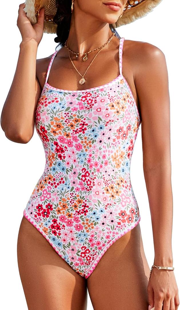 Jolefille Womens One Piece Swimsuit Tummy Control Modest Bathing Suit Teen Girls Swim Suit Cute Floral Swimwear (M)