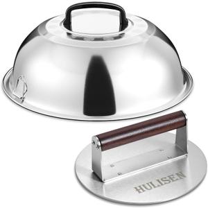 HULISEN Heavy-Duty Burger Press & Melting Dome Set, 8.5 Inch Round Stainless Steel Bacon Press with Wooden Handle, 12 Inch Basting Cover, Griddle Accessories Kit for Flat Top Grill Indoor/Outdoor