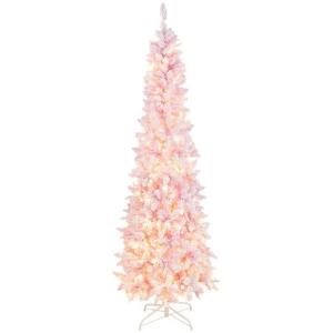 7FT Pre-Lit Snow Flocked Hinged Pencil Christmas Tree w/ 300 Lights & 8 Modes