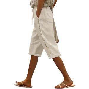Puimentiua Women Linen Shorts Casual Knee Length Bermuda Shorts with Hollow Side Summer Beach Lightweight Capri Pants, Light Khaki, Large