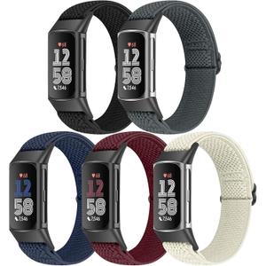 Bcuckood 5 Pack Elastic Nylon Watch Bands Compatible for Fitbit Charge 6/Fitbit Charge 5, Adjustable Breathable Replacement Stretchy Nylon Loop Wristband Sport Strap for Women Men