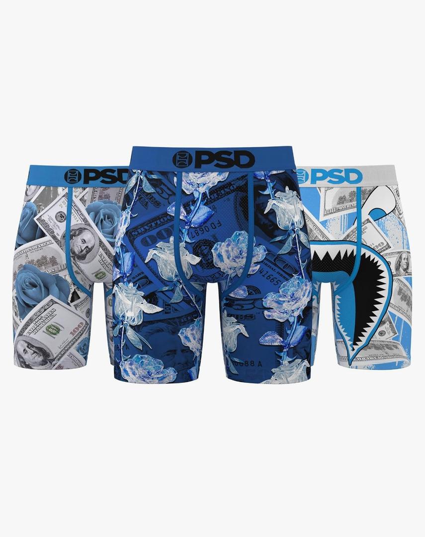 PSD Mens Boxer Briefs - The Blues 3-Pack, Standard Length Underwear Pack, Breathable Moisture Wicking Boxer Briefs for Men, M