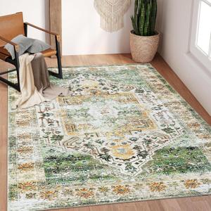 Area Rug 4x6 Washable Vintage Rugs for Living Room Stain Resistant Carpet Ultra Soft Bedroom Rug Low Pile Accent Rug for Dining Room Dining Room, Green Multi