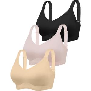 Wireless Jelly Bras for Women - Plus Size Full Coverage Seamless Bra No Underwire, Supportive T-Shirt Bralette for Older (3X-Large, Skin+black+gray Pink)