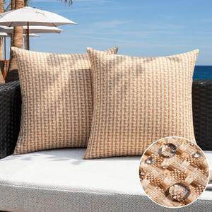 Kevin Textile Outdoor Waterproof Throw Pillow Covers Pack of 2 Weaving Texture Water Resistant Outside Decorative Cushion Covers for Garden Patio Tent Balcony Bench Couch Sofa 16x16 Inch, Light Brown