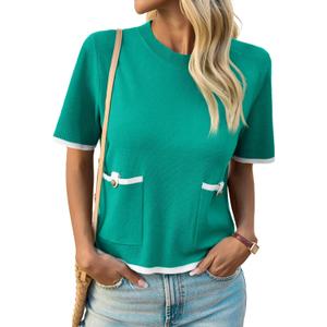 Saodimallsu Women's Short Sleeve Color Block Crew Neck Sweater (M)