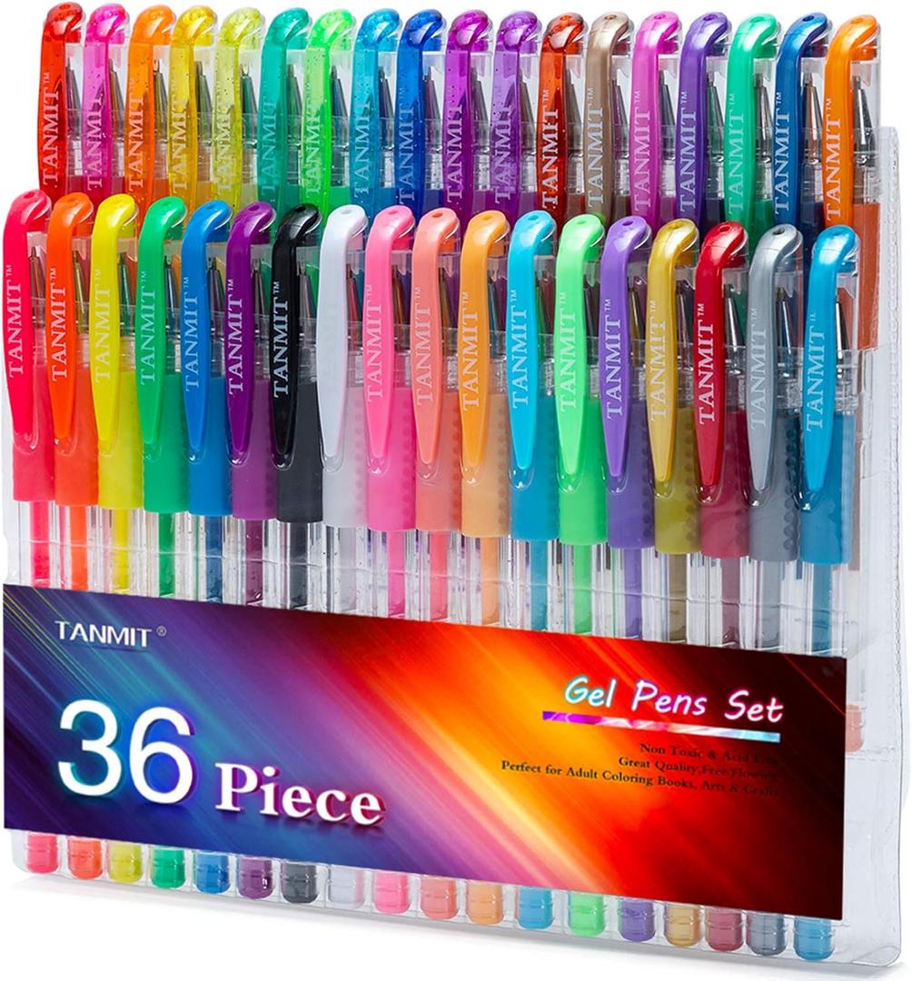 TANMIT 36 Colors Gel Pens Set for Adult Coloring Books, Colored Gel Marker with 40% More Ink, Great for Adult Doodling Scrapbooking Drawing