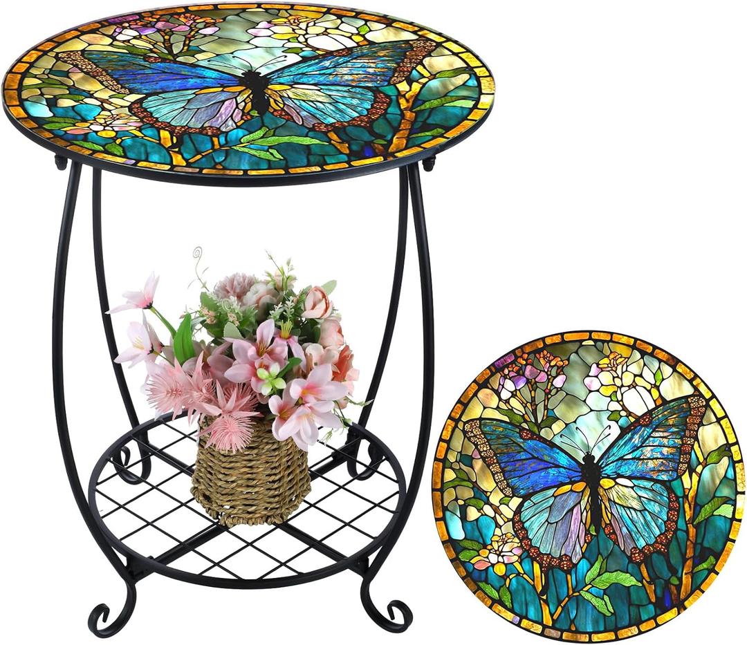 Outdoor Side Table Round Small Mosaic Patio Accent Indoor End Plant Metal Coffee Tea Table for Yard Porch Garden Patio Living Room, Bedroom(Butterfly Style,16 Inch)