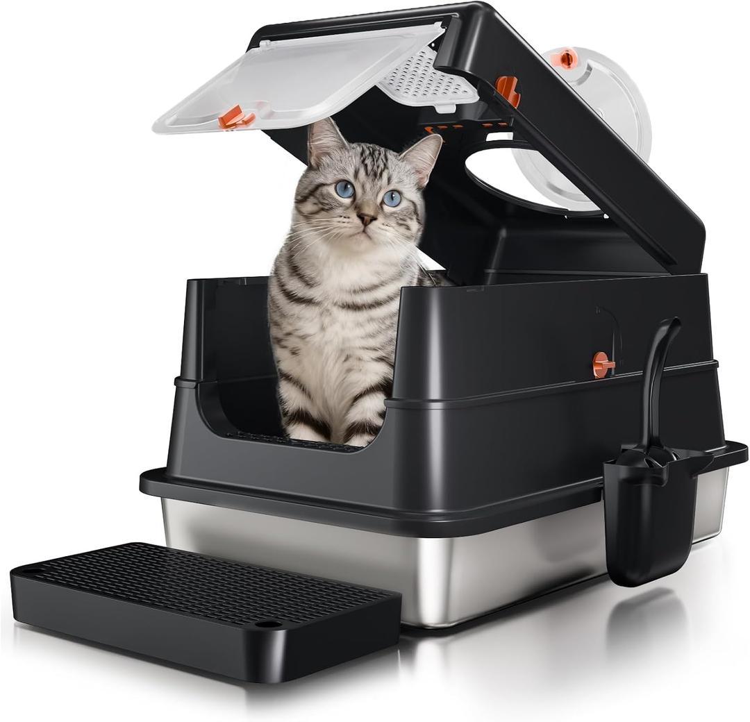 Stainless Steel Cat Litter Box with Lid,Enclosed Metal Pan,Black,XL