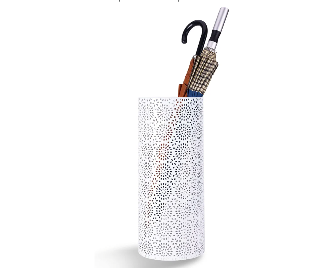 Umbrella Stand Rack for Entryway, Free Standing Metal Umbrella Holder, Round Umbrella Organizer Bin with 3 Hooks for Long Short Umbrella, Walk Stick, Home Office Indoor, 17 x 7 Inch, White