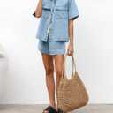 chouyatou Women's Summer Denim 2 Piece Outfits Short Sleeve Button Down Shirt Elastic Waist Wide Leg Shorts Matching Set (Blue, S)