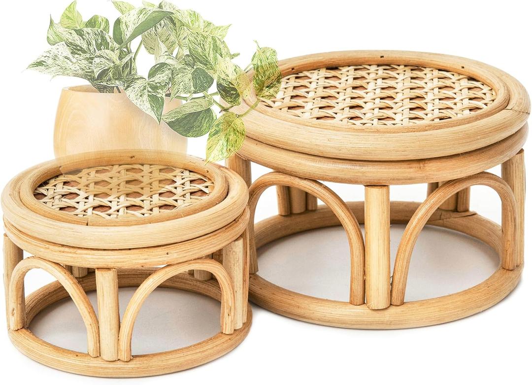 Set of 2 Small Boho Rattan Wicker Round Riser Plant Stand Indoor,Rustic Farmhouse Natural Wooden Circle Pedestal for Decor & Display, Tabletop, Office Decor (Round - 6" & 8")