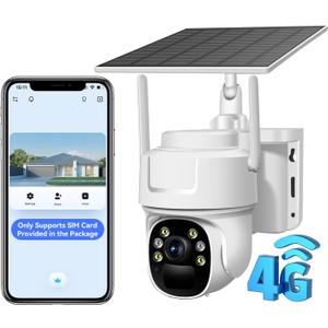 4G LTE Cellular Security Camera, Solar-Powered No WiFi Needed Wireless Outdoor Security Camera with PIR Motion Sensor, 355 Live View, 2K HD Night Vision, Remote Access, 2-Way Audio, Built-in SIM Card