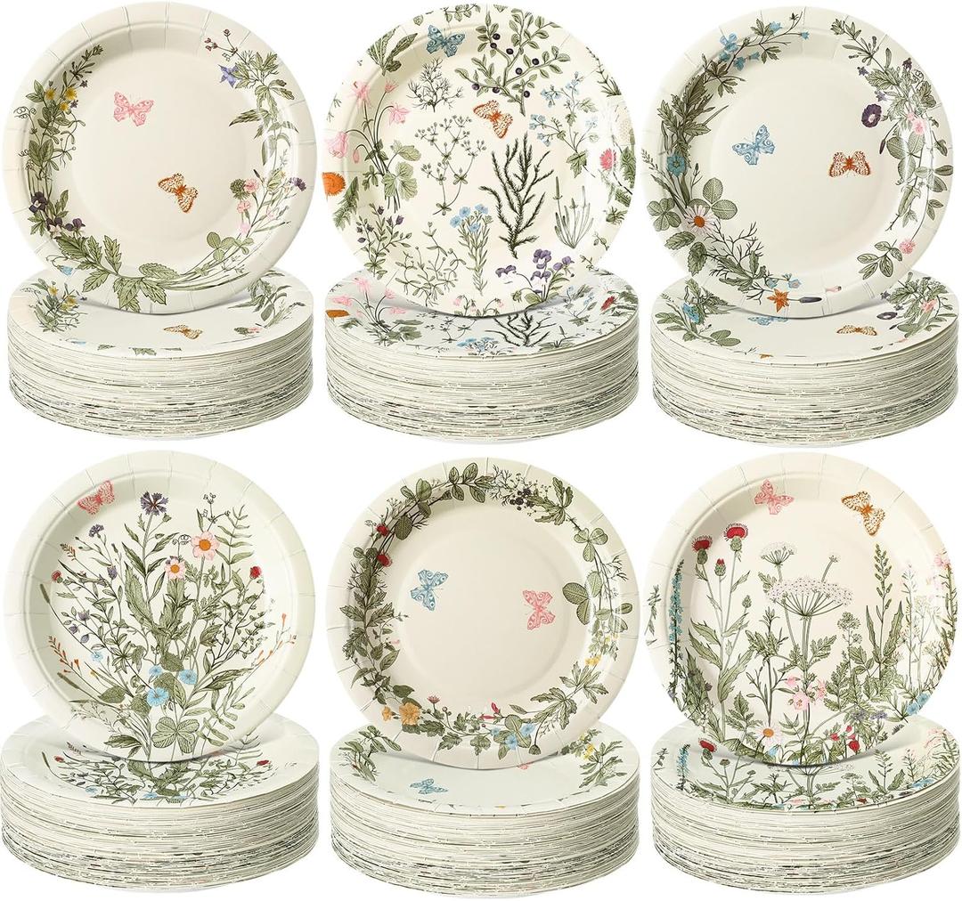 60 Pcs 7 Inch Vintage Wildflower Paper Plates Retro Flower Plant Herb Decorations Tableware Butterfly Dinnerware Decoration for Spring Summer Garden Home Picnic Decoration Supplies (Green)