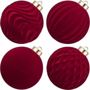 Large Velvet Christmas Ball Ornaments - 4 Inch Flocked Christmas Balls Shatterproof Decorative Hanging Ornaments Set for Xmas Tree Holiday Wedding Party Decor (Burgundy, 4pcs)