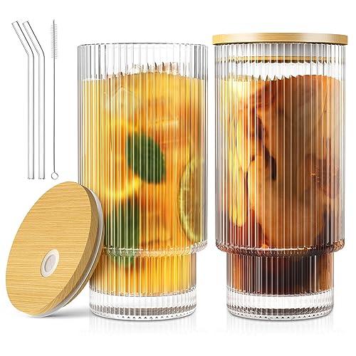 CWHHRN 16OZ Glass Cups with Lids and Straws, Vintage Glassware for Whiskey Cocktail Beer, Iced Coffee Cups with Lid, Glass Tumbler with Straw and Lid (2 PACK)