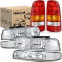 Nilight Headlight and Taillight Assembly Combo Compatible with 1999 2000 2001 2002 Chevy Silverado 1500 2500 1500HD 2500HD Fleetside only OE Style Chrome Housing Clear Reflector with Red Tail Lights