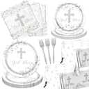 God Bless Plates and Napkins Tableware,142pcs Sliver Baptism Plates and Napkins Tablecloth Set,First Communion Decorations Dinnerware for Newborn Religious First Holy Communion Decorations