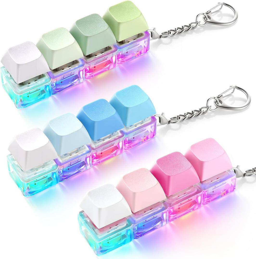 3 Pack Keyboard Fidget Toy Light Up Clicky, Creamy & Silent Stress Relief | Clicker Fidget Toy Keychain Quiet Fidget Toys for Adults, Boost Focus & Calm Anxiety at Work, Travel Stress Relief Gift