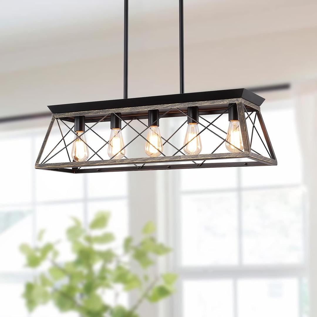 5-Light Pendant Lights Fixture, Farmhouse Chandeliers for Dining Room, Rustic Island Lights for Kitchen, Rectangular Chandelier Rustic Farmhouse Light Fxiture Gold&Black, 31.5" x 8.6" x 34.5"