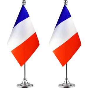 WXTWK Pack of 2 France Flag French Desk Flag Small Mini French Table Flags With Stand Base, Home Office Festival Events Celebration Decorations