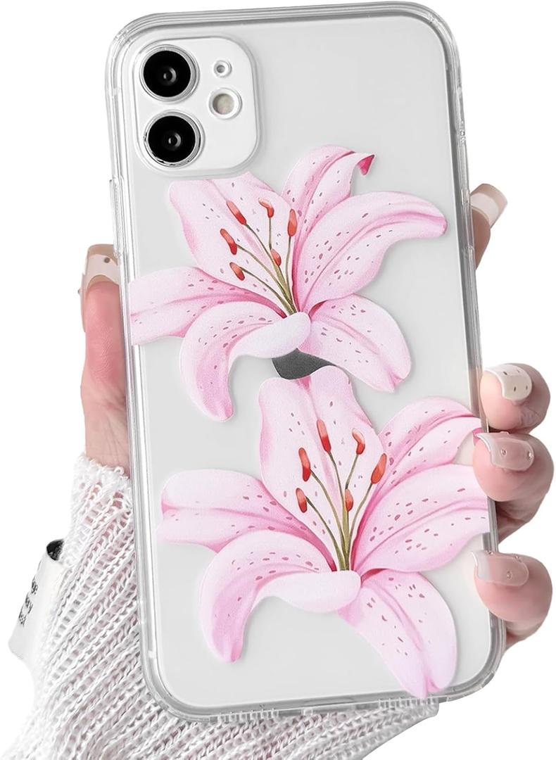 NITITOP Compatible with iPhone 11 Case Clear Cute Pink Lily Blossom Floral Flowers Pattern for Girls Women Soft TPU Transparent Shockproof Protective Phone Cover - Large Flower