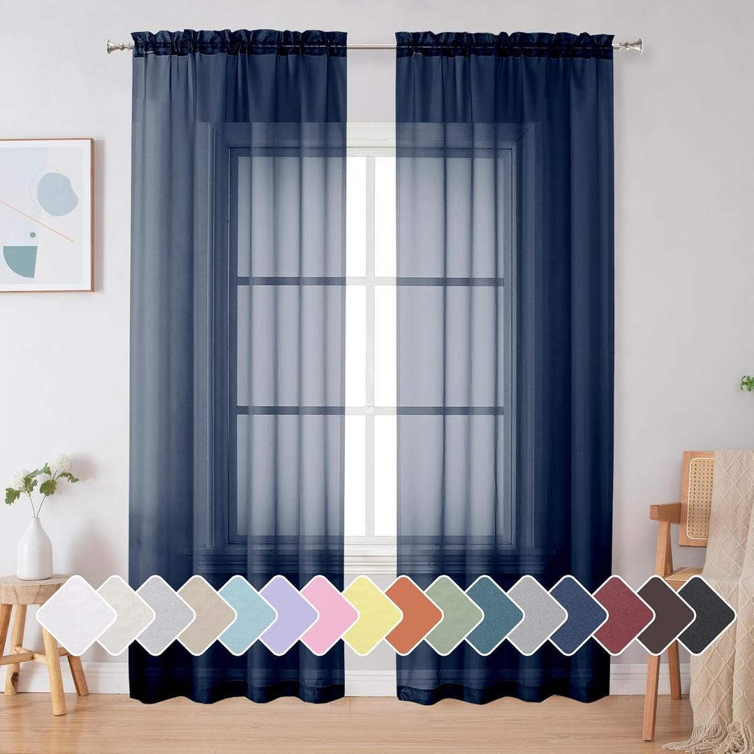 Simplebrand Blue Sheer Curtains 84 Inches Long, Light Filtering Rod Pocket Solid Color Sheer Window Curtain Panels, Elegant Curtains & Drapes for Bedroom 2 Panels (Navy Blue, 42" W x 84" L)