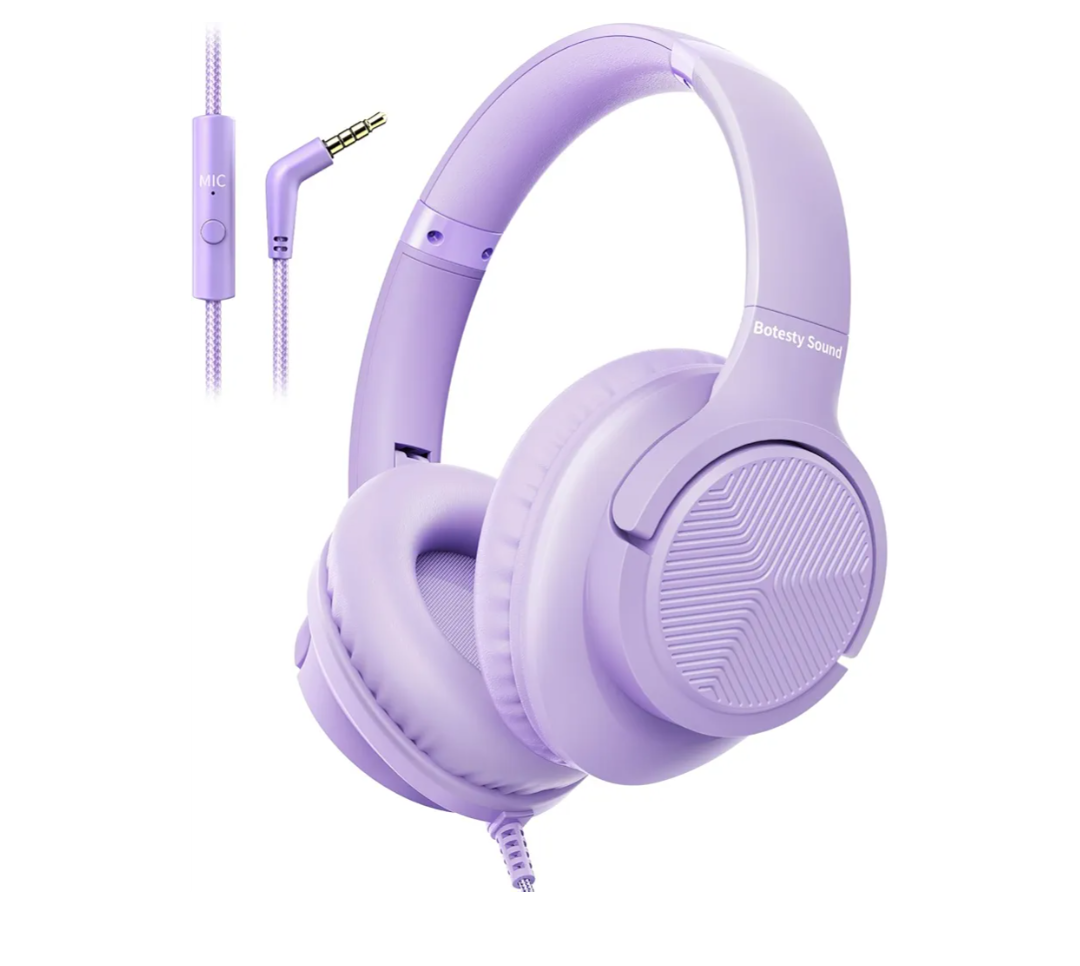 Botesty Sound Headphones Wired with Microphone, Over Ear Foldable 3.5mm Plug in Headphones with 4.9ft Tangle-Free Nylon Cord for Tablet, Laptop, MP3/4, School, Airplane Travel (Purple)