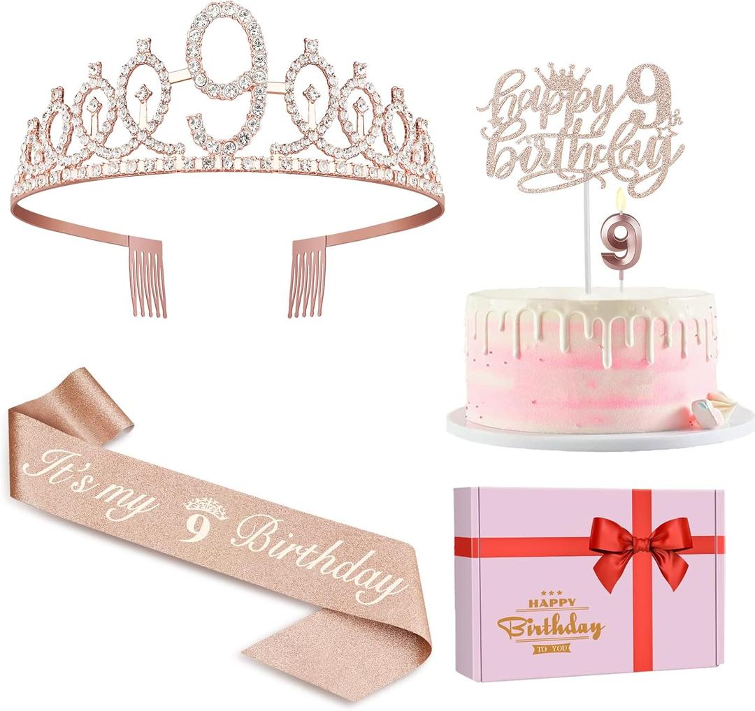 9th Birthday Decorations for Girl Including Sash, Crown, Numeral Candle and Cake Topper, 9 Year Old Girls Party Favor Supplies