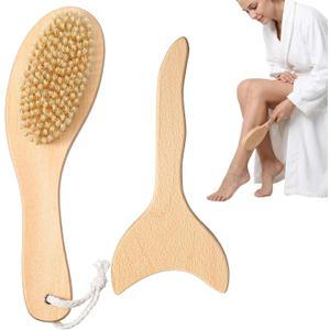 2Pcs Dry Brushing Body Brush Bristle Exfoliating Scrubber with Contoured Non-Slip Handle +Wood Therapy Massage Tools for Cellulite and Lymphatic Drainage, Body Scrubber Suitable for All Kinds of Skin