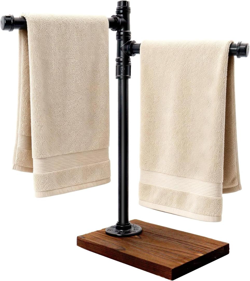 Hjarta 360° Swivel Towel Holder Stand for Bathroom, Hand Towel Stand with Wooden Base, Countertop Towel Stand with 2 Arms for Bathroom or Kitchen