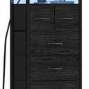 Furnulem Dresser for Bedroom, Tall Nightstand, Vertical Chest with Wood Top, Charging Station, LED Lights, 5 Fabric Bins, Bedside Table with Shelf, Furniture for Entryway (5 Drawer, Black Oak)