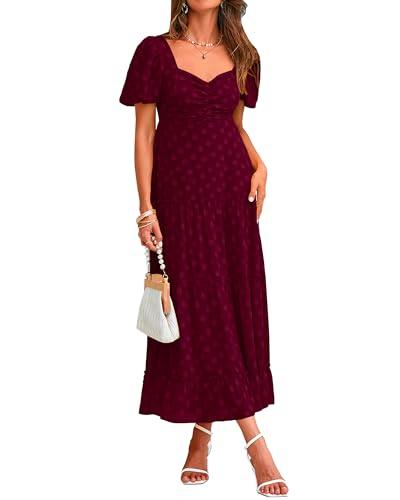 BTFBM Women Casual Summer Short Sleeve Midi Dresses Bohemian Floral Dress Formal Wedding Guest Long Dresses(Wine Red,Medium)