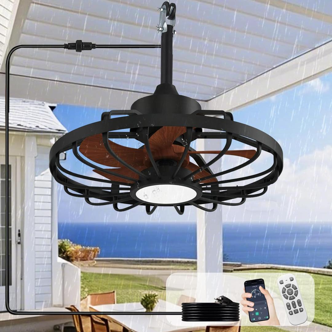 BvenuBigLite Outdoor Ceiling Fan with Lights: 20" Waterproof Plug-in Ceiling Fan with Remote Control Smart App - Gazebo Caged Hanging Fans for Patios Porch Pergola 6 Speeds Reversible - Walnut