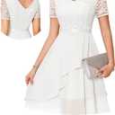MUADRESS Women's Wedding Guest Dress for Cocktail 2026 A-Line Lace Sequin Chiffon Prom Dresses with V-Neck Short Sleeves (White, L)