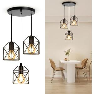 CANMEIJIA 3-Light Pendant Light Fixtures, Farmhouse Kitchen Island Light Fixture, Industrial Hanging Pendant Lighting for Dining Room Bedroom, Black Metal Cage Pendant, E26 Base, Bulbs Not Included