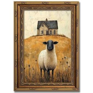 Vintage Gold Framed Wall Art Retro Country Sheep Oil Painting Canvas Prints Farmhouse Landscape Picture Wall Decor Rustic Farmhouse Animal Poster Artwork for Living Room Bedroom Bathroom, 9x11in
