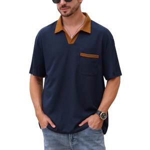 ODIZLI Men's Trendy Short Sleeve V Neck Knit Polo Shirt with Pocket Business Casual Shirts Athleisure (L)