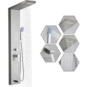 Shower Panel Tower System 5-in-1 Shower Panel Tower with Powerful Body Massage, Rainfall, Waterfall,Handheld and Tub Spout, Stainless Steel Shower Column - Brushed Gray
