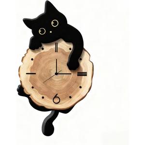 Cat Wall Clock with Swinging Tail, Silent Non-Ticking, Black and White, Plastic, 12x13 Inches, Contemporary Style, Pendulum Design for Living Room, Office, Bedroom, Kitchen