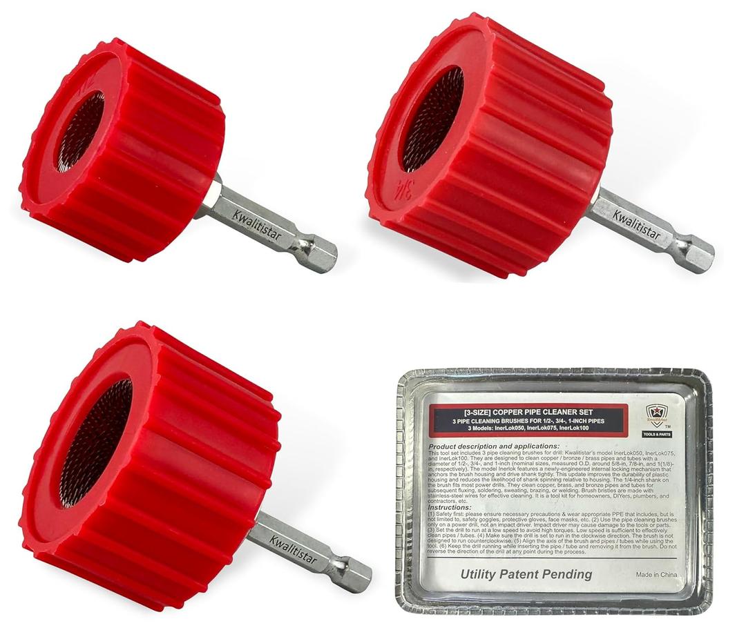 [3-Size Set] Copper Pipe Cleaner for Drill, Clean 1/2, 3/4, 1-in Copper Pipes & Tubes for Soldering, 3 Tube Cleaning Brushes, Model InerLok050, 075, 100, w/ Stainless-Steel Wire Bristles & 1/4 Shank