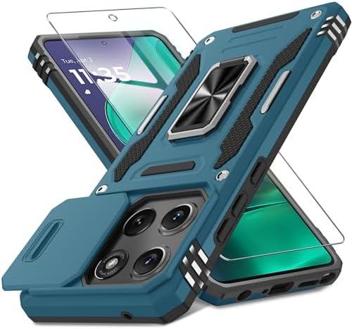 DEERLAMN Case Compatible with Moto G Stylus 5G 2025 Built in Slide Camera Cover+Screen Protector(1 Pack), Rotated Ring Kickstand Military Grade Shockproof Protective Cover-Light Blue