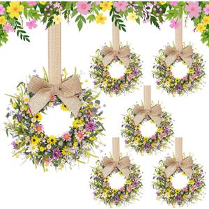 Dingion 6 Pcs 6" Mini Spring Cabinet Wreaths Spring and Summer Wildflower Candle Rings Wreaths for Kitchen with Ribbon Small Floral Wreath for Window Door Farmhouse Wedding Decorations