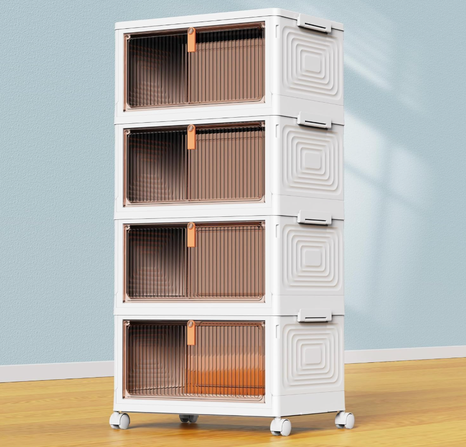 4 Tier Plastic Storage Bins with Lid 23QT, Stackable Storage Containers with Wheels, Folding Storage Boxes, Stackable Storage Bins, Organizers and Storage for Living Room,Office,Dorm
