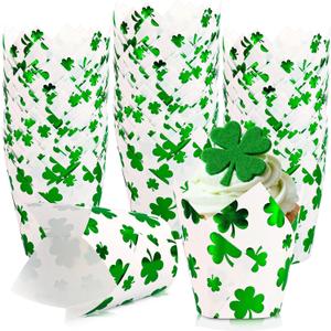 Whaline 120Pcs St. Patrick's Day Tulip Cupcake Liners Green Foil Shamrock Muffin Baking Cups Lucky Clover Cupcake Wrappers for Spring Irish Holiday Party Supplies Table Decor